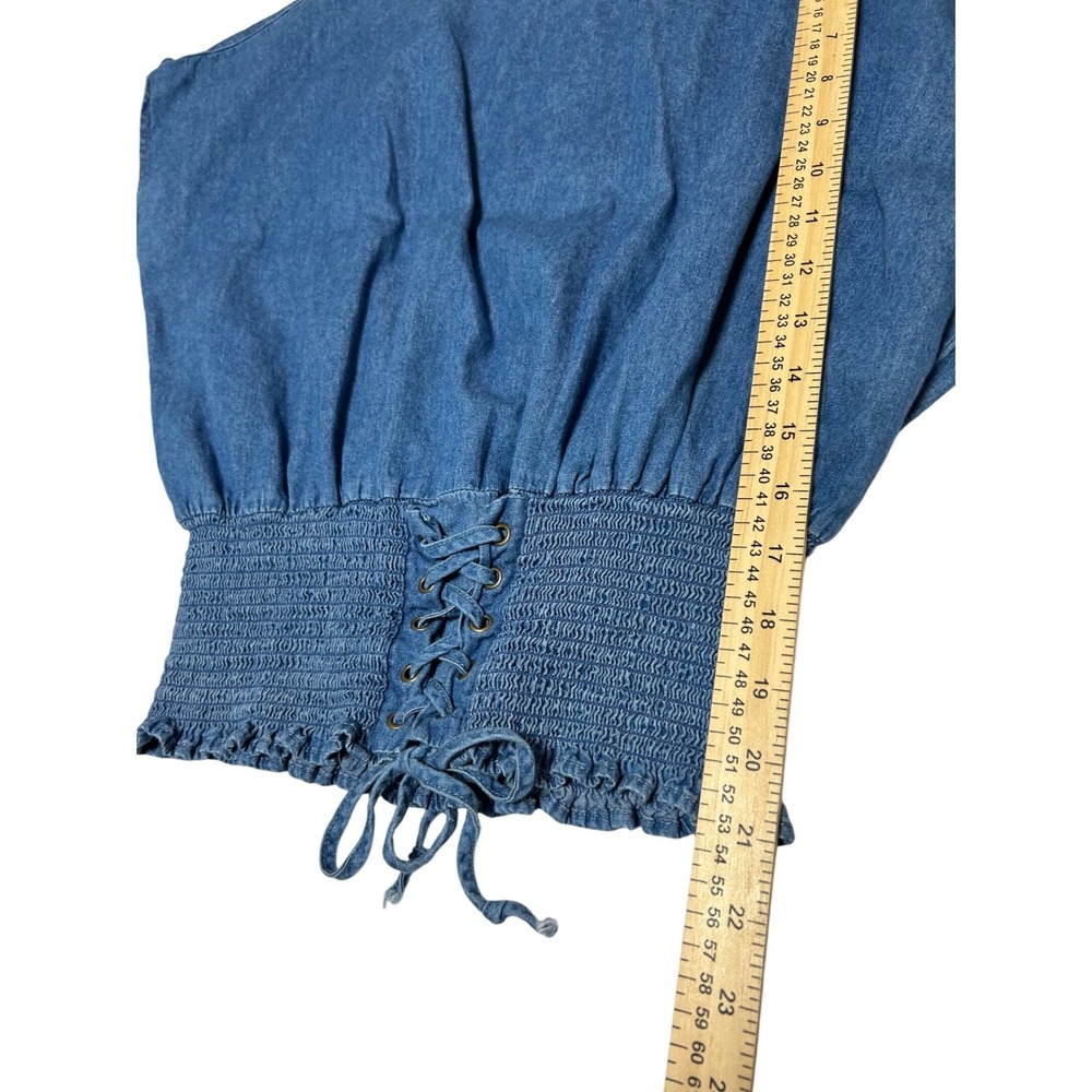 Tea Rose Denim Corset Top Women S Blue Cotton Lace Up Waist Smocked Boho Peasant - Picture 7 of 14